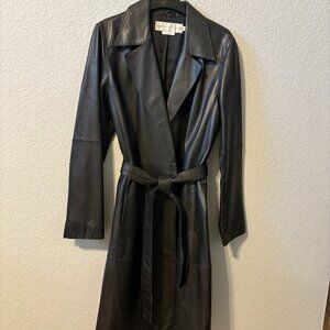 Black genuine leather trench coat